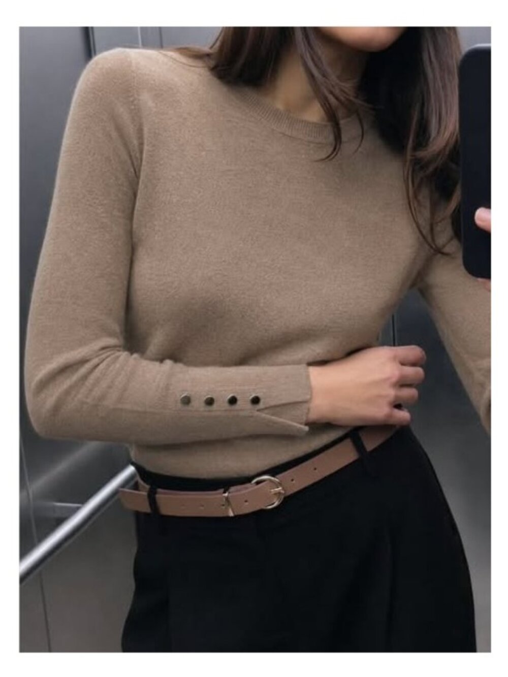 NWT ZARA Taupe Fine Knit Crewneck Sweater with Gold Button Cuffs | Small
